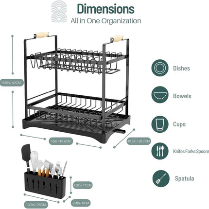 CARLA HOME 2-Tier Large Dish Drying Rack with Drainboard, Utensil Holder, Glass Hooks & Cutlery Storage (Black).