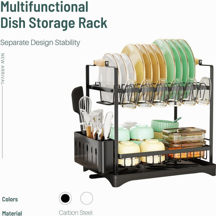 CARLA HOME 2-Tier Large Dish Drying Rack with Drainboard, Utensil Holder, Glass Hooks & Cutlery Storage (Black).