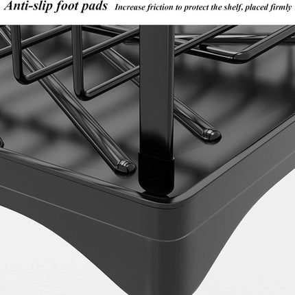 CARLA HOME 2-Tier Large Dish Drying Rack with Drainboard, Utensil Holder, Glass Hooks & Cutlery Storage (Black).