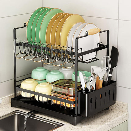 CARLA HOME 2-Tier Large Dish Drying Rack with Drainboard, Utensil Holder, Glass Hooks & Cutlery Storage (Black).
