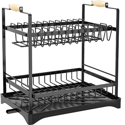 CARLA HOME 2-Tier Large Dish Drying Rack with Drainboard, Utensil Holder, Glass Hooks & Cutlery Storage (Black).