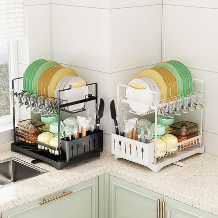 CARLA HOME 2-Tier Large Dish Drying Rack with Drainboard, Utensil Holder, Glass Hooks & Cutlery Storage (Black).