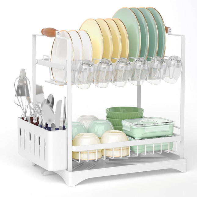 CARLA HOME 2-Tier Large Dish Drying Rack with Drainboard, Utensil Holder, Glass Hooks & Cutlery Storage (White).