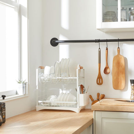 CARLA HOME 2-Tier Large Dish Drying Rack with Drainboard, Utensil Holder, Glass Hooks & Cutlery Storage (White).