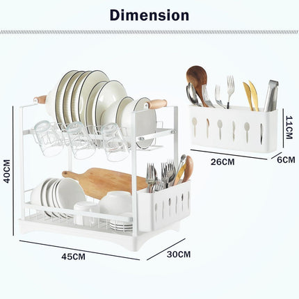 CARLA HOME 2-Tier Large Dish Drying Rack with Drainboard, Utensil Holder, Glass Hooks & Cutlery Storage (White).