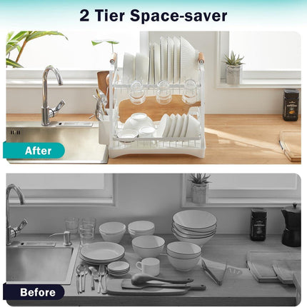 CARLA HOME 2-Tier Large Dish Drying Rack with Drainboard, Utensil Holder, Glass Hooks & Cutlery Storage (White).