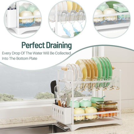 CARLA HOME 2-Tier Large Dish Drying Rack with Drainboard, Utensil Holder, Glass Hooks & Cutlery Storage (White).