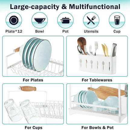 CARLA HOME 2-Tier Large Dish Drying Rack with Drainboard, Utensil Holder, Glass Hooks & Cutlery Storage (White).