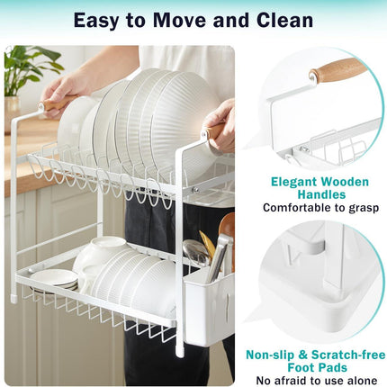 CARLA HOME 2-Tier Large Dish Drying Rack with Drainboard, Utensil Holder, Glass Hooks & Cutlery Storage (White).