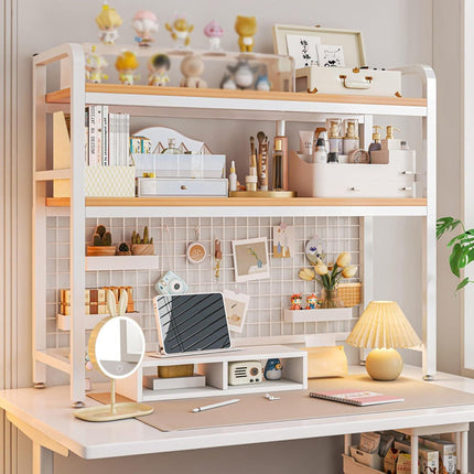 CARLA HOME  2-Tier Metal Desktop Hutch Bookshelf with Grid Panel for Computer Desk and Office Countertop.