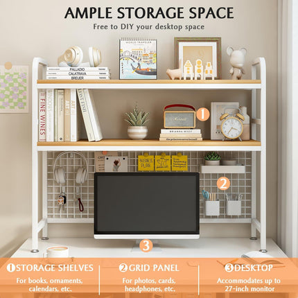 CARLA HOME  2-Tier Metal Desktop Hutch Bookshelf with Grid Panel for Computer Desk and Office Countertop.