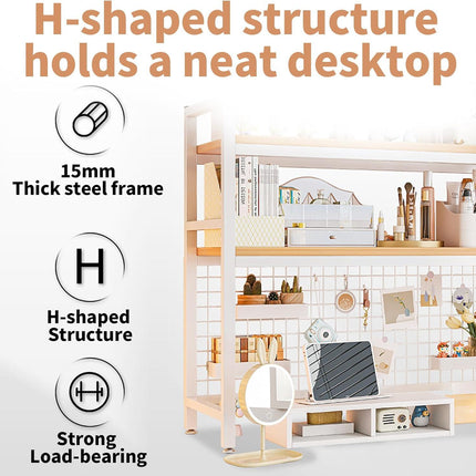 CARLA HOME  2-Tier Metal Desktop Hutch Bookshelf with Grid Panel for Computer Desk and Office Countertop.