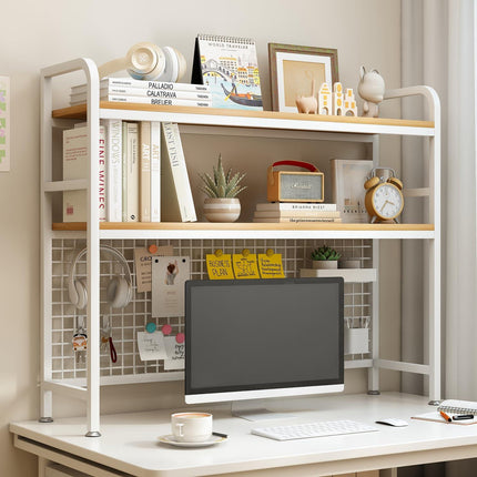 CARLA HOME  2-Tier Metal Desktop Hutch Bookshelf with Grid Panel for Computer Desk and Office Countertop.