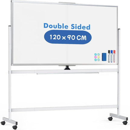 CARLA HOME Double-Sided Magnetic Whiteboard 120x90cm with Wheels, Reversible Design for School, Office & Home.