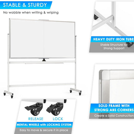 CARLA HOME Double-Sided Magnetic Whiteboard 120x90cm with Wheels, Reversible Design for School, Office & Home.
