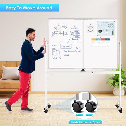 CARLA HOME Double-Sided Magnetic Whiteboard 120x90cm with Wheels, Reversible Design for School, Office & Home.