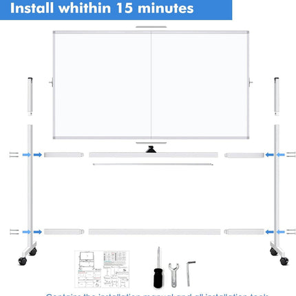 CARLA HOME Double-Sided Magnetic Whiteboard 120x90cm with Wheels, Reversible Design for School, Office & Home.