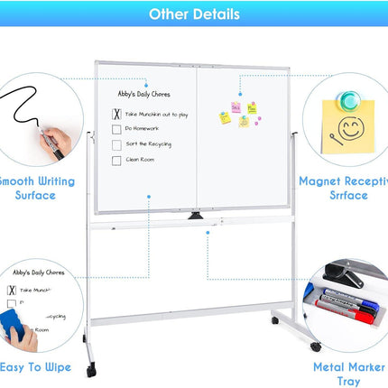 CARLA HOME Double-Sided Magnetic Whiteboard 120x90cm with Wheels, Reversible Design for School, Office & Home.