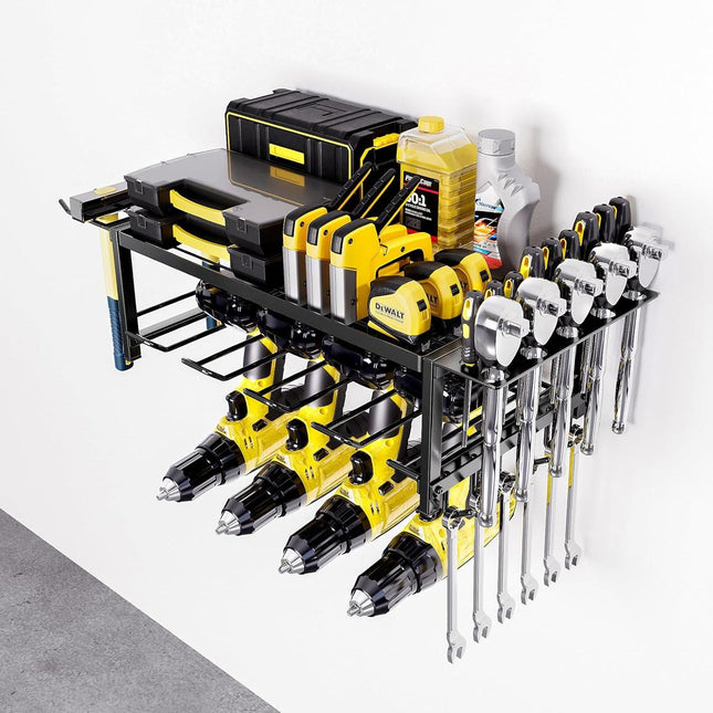 CARLA HOME 2-Tier Power Tool Rack Organizer Wall Mount with Drill Holder & Wrench Hooks for Cordless Tools & Workshop Organization.