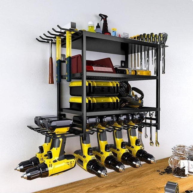 CARLA HOME 4-Tier Power Tool Rack Organizer Wall Mount with Drill Holder & Wrench Hooks for Cordless Tools & Workshop Organization.