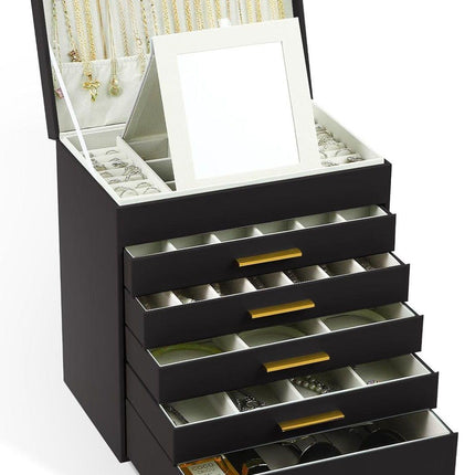 CARLA HOME  6-Layer Large Jewelry Organizer Box for Women with Mirror, Drawers, Hooks & Dividers for Rings, Necklaces, Bracelets, Ideal Gift for Women (Black).