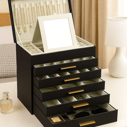 CARLA HOME  6-Layer Large Jewelry Organizer Box for Women with Mirror, Drawers, Hooks & Dividers for Rings, Necklaces, Bracelets, Ideal Gift for Women (Black).