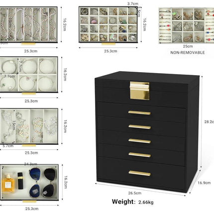 CARLA HOME  6-Layer Large Jewelry Organizer Box for Women with Mirror, Drawers, Hooks & Dividers for Rings, Necklaces, Bracelets, Ideal Gift for Women (Black).