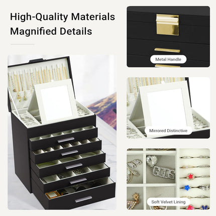 CARLA HOME  6-Layer Large Jewelry Organizer Box for Women with Mirror, Drawers, Hooks & Dividers for Rings, Necklaces, Bracelets, Ideal Gift for Women (Black).