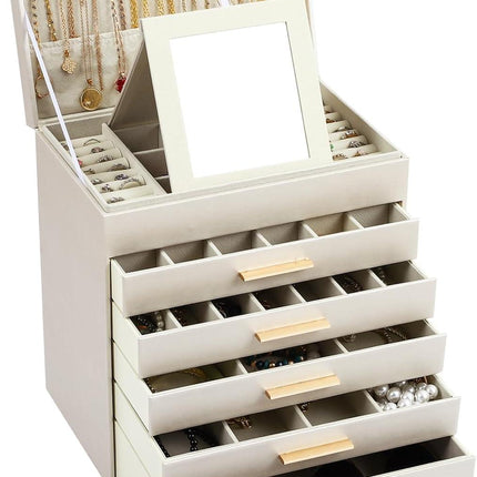 CARLA HOME  6-Layer Large Jewelry Organizer Box for Women with Mirror, Drawers, Hooks & Dividers for Rings, Necklaces, Bracelets, Ideal Gift for Women (White).