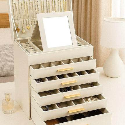 CARLA HOME  6-Layer Large Jewelry Organizer Box for Women with Mirror, Drawers, Hooks & Dividers for Rings, Necklaces, Bracelets, Ideal Gift for Women (White).