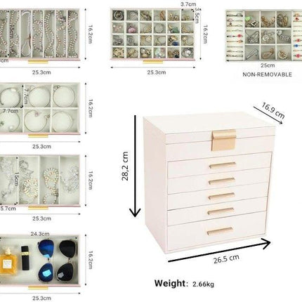 CARLA HOME  6-Layer Large Jewelry Organizer Box for Women with Mirror, Drawers, Hooks & Dividers for Rings, Necklaces, Bracelets, Ideal Gift for Women (White).