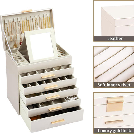 CARLA HOME  6-Layer Large Jewelry Organizer Box for Women with Mirror, Drawers, Hooks & Dividers for Rings, Necklaces, Bracelets, Ideal Gift for Women (White).