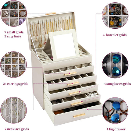 CARLA HOME  6-Layer Large Jewelry Organizer Box for Women with Mirror, Drawers, Hooks & Dividers for Rings, Necklaces, Bracelets, Ideal Gift for Women (White).