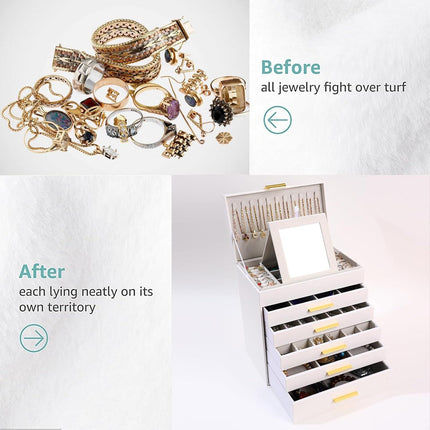 CARLA HOME  6-Layer Large Jewelry Organizer Box for Women with Mirror, Drawers, Hooks & Dividers for Rings, Necklaces, Bracelets, Ideal Gift for Women (White).
