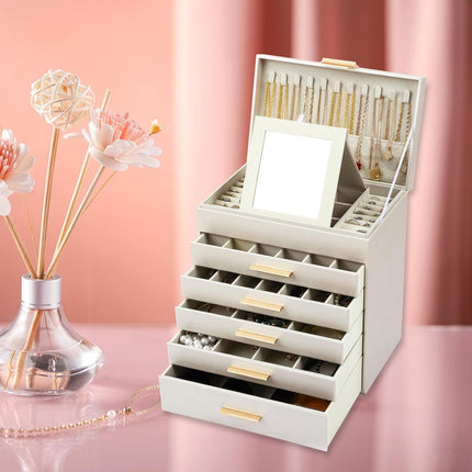 CARLA HOME  6-Layer Large Jewelry Organizer Box for Women with Mirror, Drawers, Hooks & Dividers for Rings, Necklaces, Bracelets, Ideal Gift for Women (White).