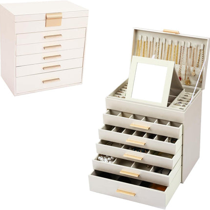 CARLA HOME  6-Layer Large Jewelry Organizer Box for Women with Mirror, Drawers, Hooks & Dividers for Rings, Necklaces, Bracelets, Ideal Gift for Women (White).