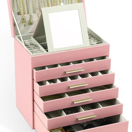 CARLA HOME  6-Layer Large Jewelry Organizer Box for Women with Mirror, Drawers, Hooks & Dividers for Rings, Necklaces, Bracelets, Ideal Gift for Women (Pink).
