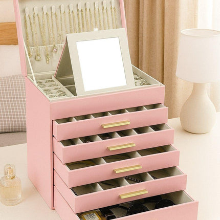 CARLA HOME  6-Layer Large Jewelry Organizer Box for Women with Mirror, Drawers, Hooks & Dividers for Rings, Necklaces, Bracelets, Ideal Gift for Women (Pink).