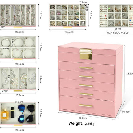 CARLA HOME  6-Layer Large Jewelry Organizer Box for Women with Mirror, Drawers, Hooks & Dividers for Rings, Necklaces, Bracelets, Ideal Gift for Women (Pink).