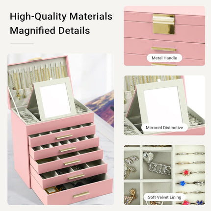CARLA HOME  6-Layer Large Jewelry Organizer Box for Women with Mirror, Drawers, Hooks & Dividers for Rings, Necklaces, Bracelets, Ideal Gift for Women (Pink).