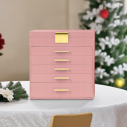 CARLA HOME  6-Layer Large Jewelry Organizer Box for Women with Mirror, Drawers, Hooks & Dividers for Rings, Necklaces, Bracelets, Ideal Gift for Women (Pink).
