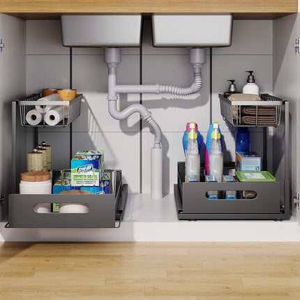 CARLA HOME 2 Pack Under Sink Organiser with Sliding Drawers for Kitchen & Bathroom.