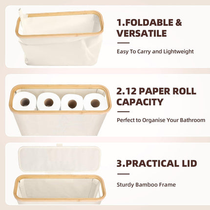 CARLA HOME 2 Pack Toilet Paper Storage Basket Holds Up to 12 Rolls with Bamboo Lid and Handle for RV Closet (White).