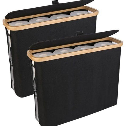 CARLA HOME 2 pack Toilet Paper Storage Basket Holds Up to 12 Rolls with Bamboo Lid and Handle for RV Closet (Black).