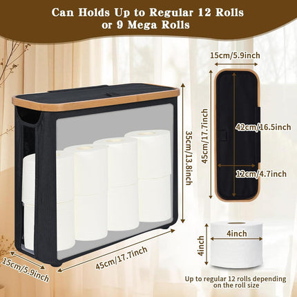 CARLA HOME 2 pack Toilet Paper Storage Basket Holds Up to 12 Rolls with Bamboo Lid and Handle for RV Closet (Black).