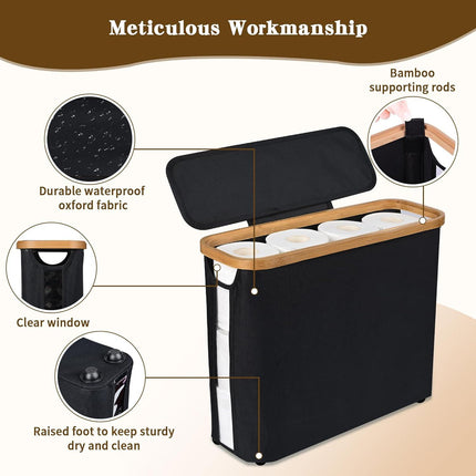 CARLA HOME 2 pack Toilet Paper Storage Basket Holds Up to 12 Rolls with Bamboo Lid and Handle for RV Closet (Black).