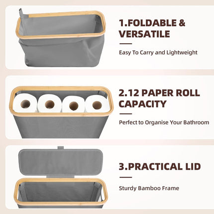 CARLA HOME 2 pack Toilet Paper Storage Basket Holds Up to 12 Rolls with Bamboo Lid and Handle for RV Closet (Grey).