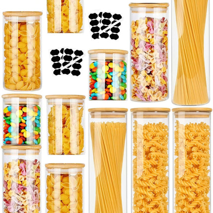 CARLA HOME 12 Pack Glass Storage Jars with Bamboo Lids for Kitchen Pantry, Pasta, Snacks, Cookies, Candy & More.