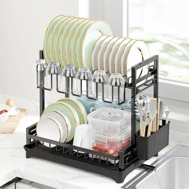 CARLA HOME Dish Drying Rack 2-Tier Kitchen Drainer with Drainboard.