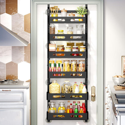 CARLA HOME 6 Tier Over the Door Organizer with Adjustable Metal Pantry Storage Rack and Hanging Baskets for Kitchen and Bathroom.
